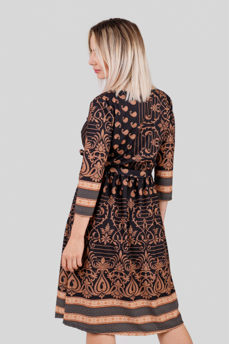 Rochie office maro cu imprimeuri florale crem si cordon in talie [4]