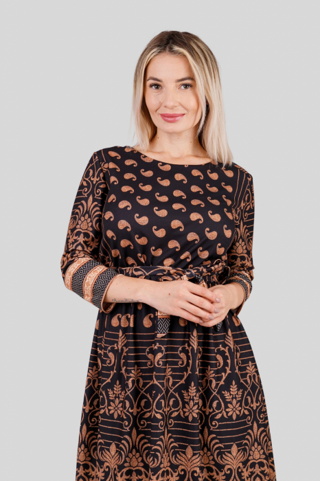 Rochie office maro cu imprimeuri florale crem si cordon in talie [2]