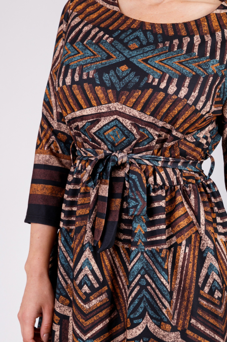 Rochie office maro cu imprimeuri geometrice turcoaz si cordon in talie [3]