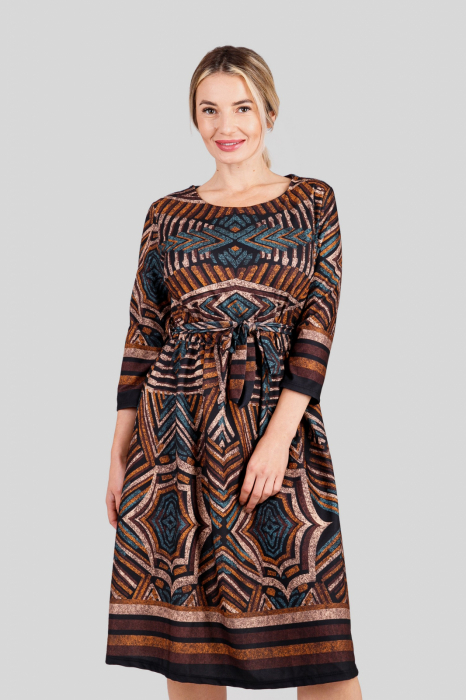 Rochie office maro cu imprimeuri geometrice turcoaz si cordon in talie [2]