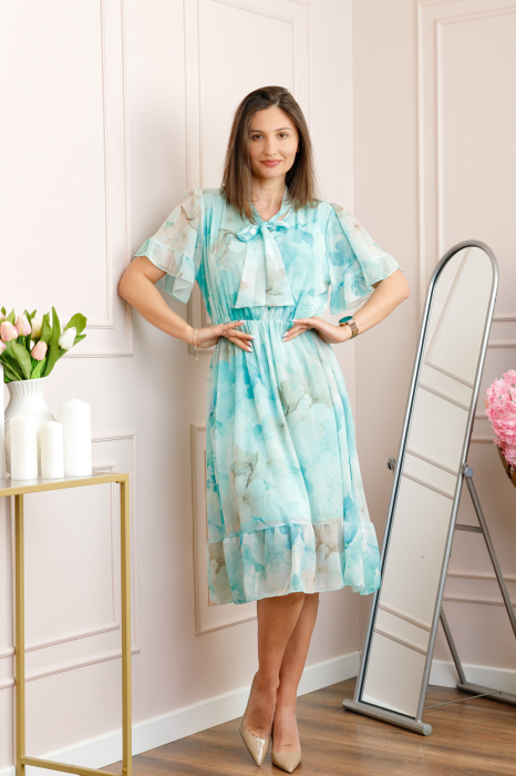 Rochie midi bleu Annalise cu imprimeu floral si funda la decolteu [3]