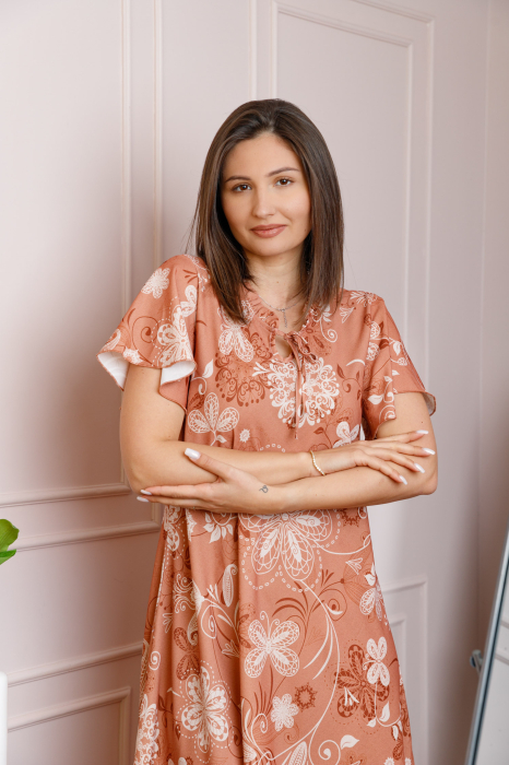 Rochie midi caramizie cu imprimeu floral ivoire si snur la decolteu Shelby [2]