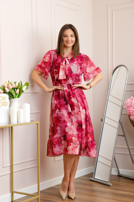 Rochie midi ciclam Annalise cu imprimeu floral si funda la decolteu [3]