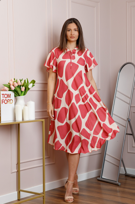 Rochie midi corai cu imprimeu geometric ivoire si snur la decolteu Shelby [4]