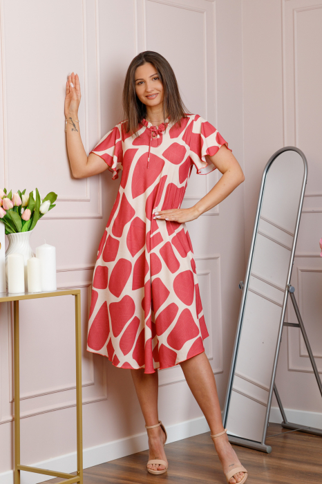 Rochie midi corai cu imprimeu geometric ivoire si snur la decolteu Shelby [3]