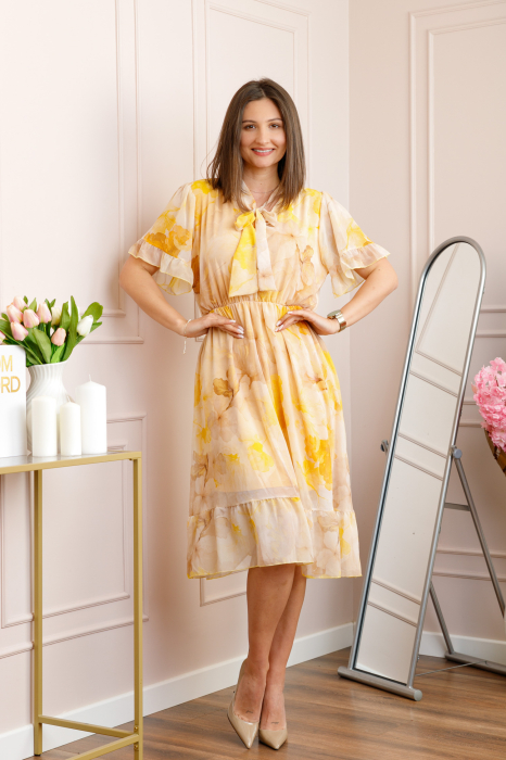 Rochie midi galbena Annalise cu imprimeu floral si funda la decolteu [3]