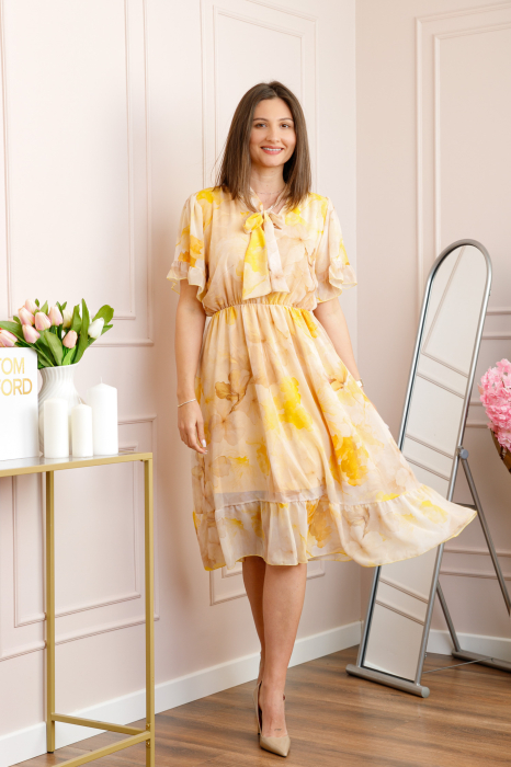 Rochie midi galbena Annalise cu imprimeu floral si funda la decolteu [4]