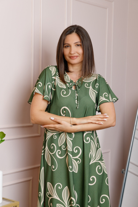 Rochie midi kaki cu imprimeu floral ivoire si snur la decolteu Shelby [2]