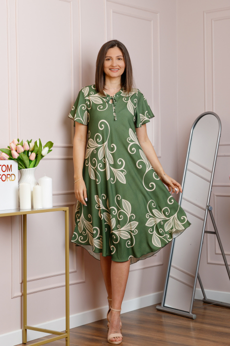 Rochie midi kaki cu imprimeu floral ivoire si snur la decolteu Shelby [4]