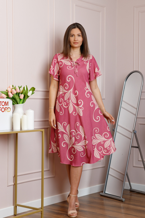 Rochie midi roz cu imprimeu floral ivoire si snur la decolteu Shelby [4]