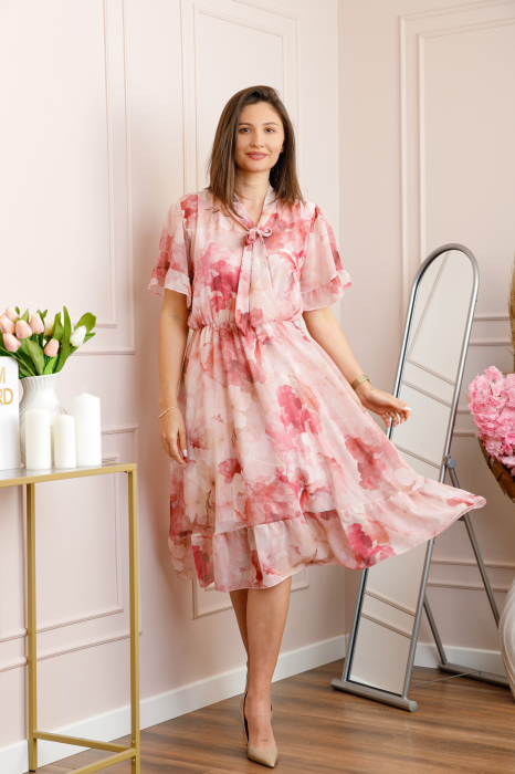 Rochie midi roz pastel Annalise cu imprimeu floral si funda la decolteu [4]