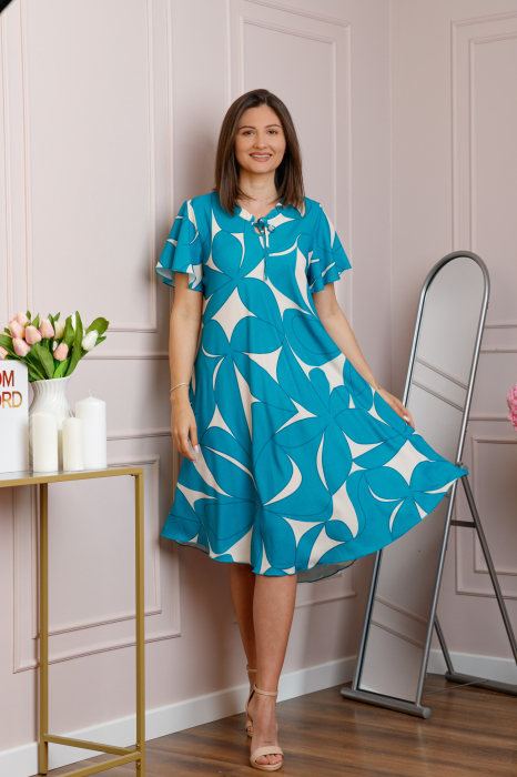 Rochie midi turcoaz cu imprimeu abstract ivoire si snur la decolteu Shelby [4]
