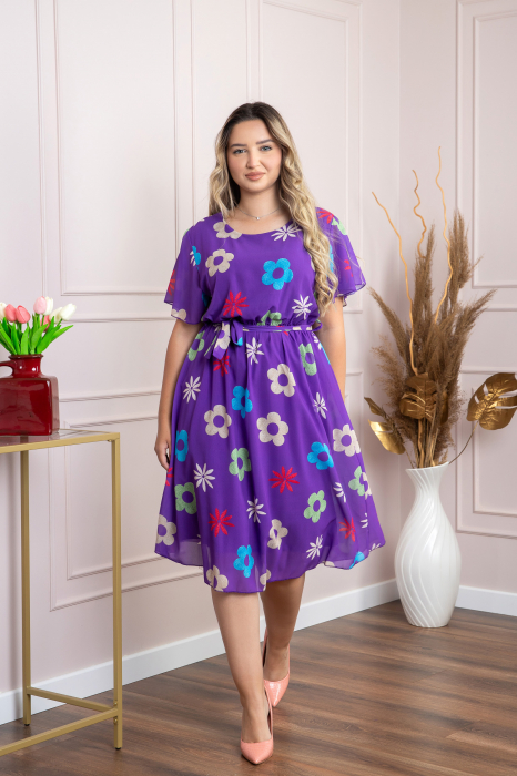 Rochie mov cu imprimeu floral si maneci fluture