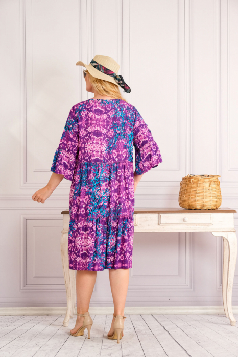 Rochie mov midi boho chic cu imprimeuri florale albastre [3]