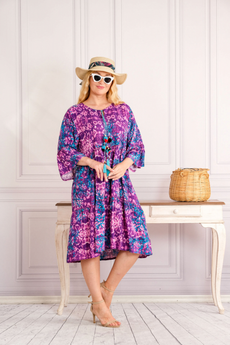 Rochie mov midi boho chic cu imprimeuri florale albastre [4]