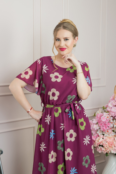 Rochie mov pruna cu imprimeu floral si maneci fluture [3]