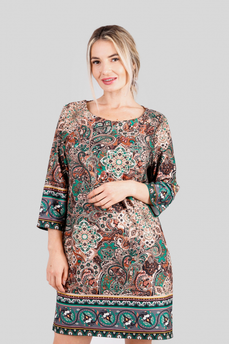 Rochie office multicolora cu imprimeuri florale verzi si maneci trei sferturi [2]