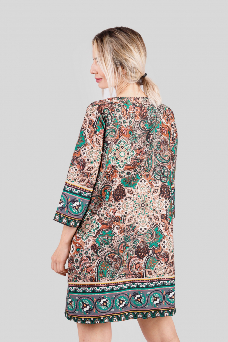 Rochie office multicolora cu imprimeuri florale verzi si maneci trei sferturi [4]