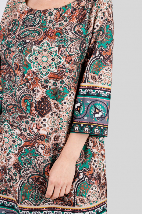 Rochie office multicolora cu imprimeuri florale verzi si maneci trei sferturi [3]