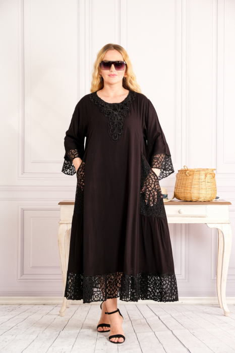Rochie neagra boho chic cu buzunare din dantela [4]