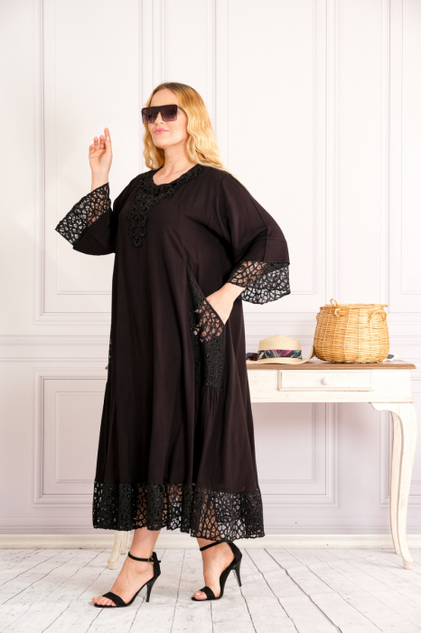 Rochie neagra boho chic cu buzunare din dantela [2]
