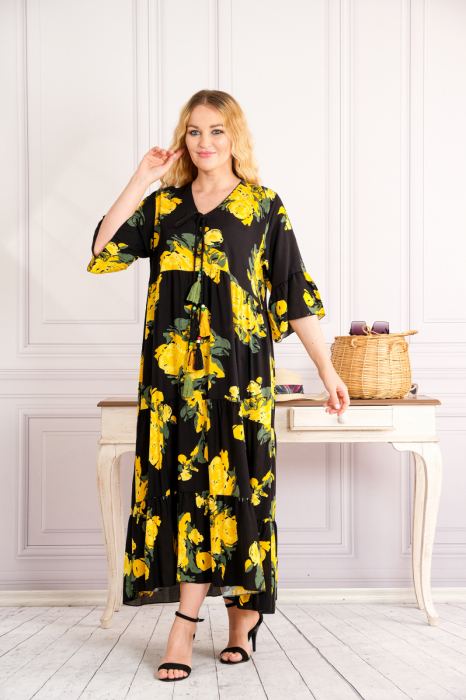 Rochie neagra lunga boho chic cu imprimeuri florale galbene [4]