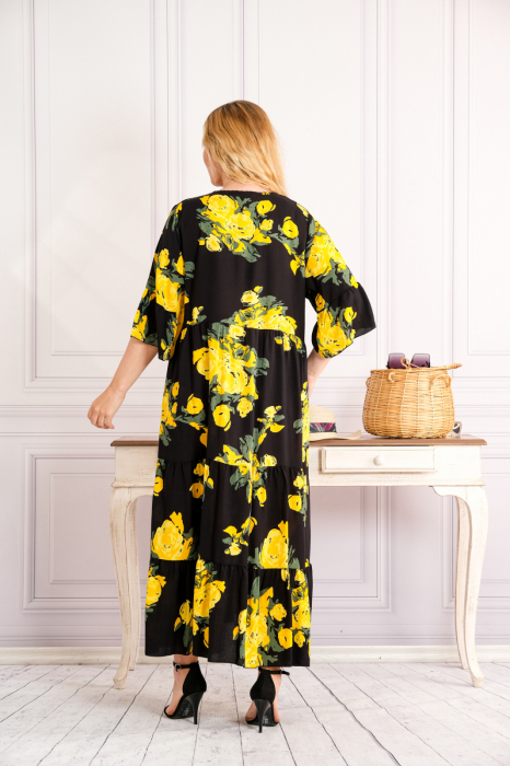 Rochie neagra lunga boho chic cu imprimeuri florale galbene [3]