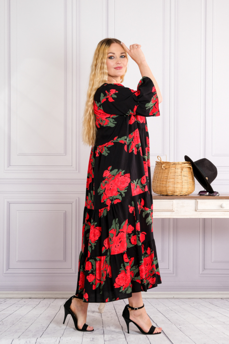 Rochie neagra lunga boho chic cu imprimeuri florale rosii [2]