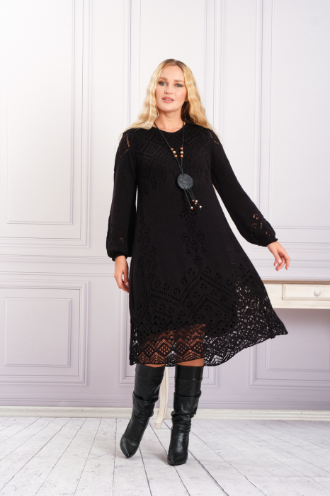 Rochie neagra boho chic tricotata cu detaliu perforat [4]