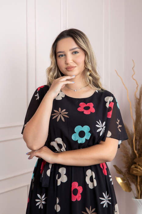 Rochie neagra cu imprimeu floral si maneci fluture [3]