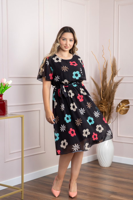 Rochie neagra cu imprimeu floral si maneci fluture