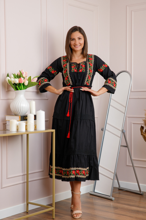 Rochie neagra cu motiv floral rosu Corina 01 [4]