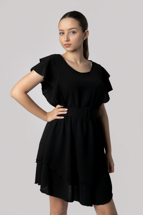 Rochie neagra cu volane si centura in talie [4]