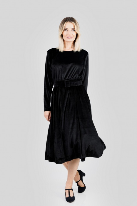Rochie neagra din catifea cu centura in talie [4]