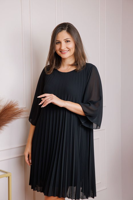 Rochie neagra din voal plisat cu maneci 3/4 Tina [2]