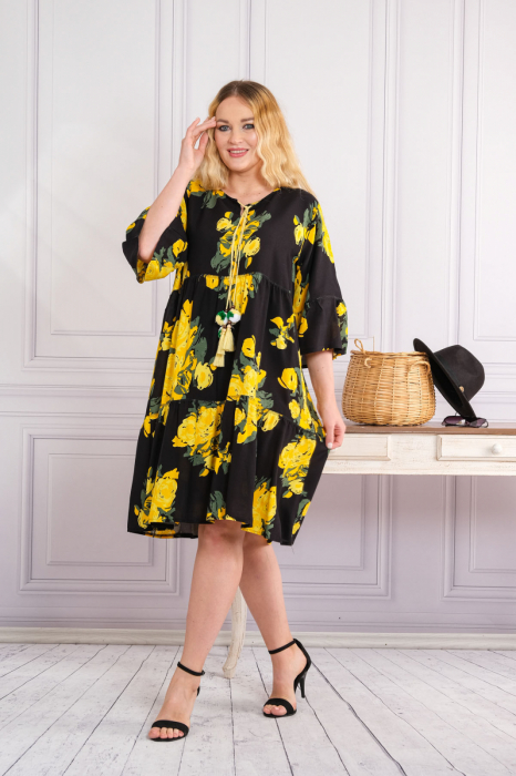 Rochie neagra midi boho chic cu imprimeuri florale galbene [4]