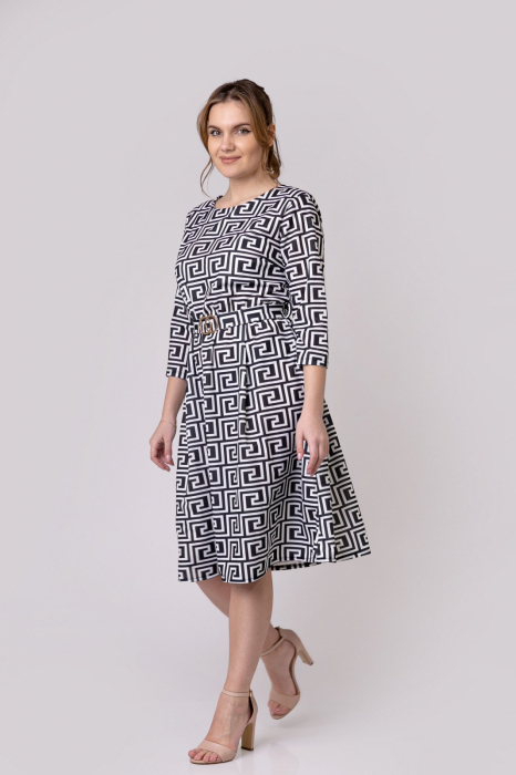 Rochie office alb-negru cu imprimeu geometric si cordon in talie [3]