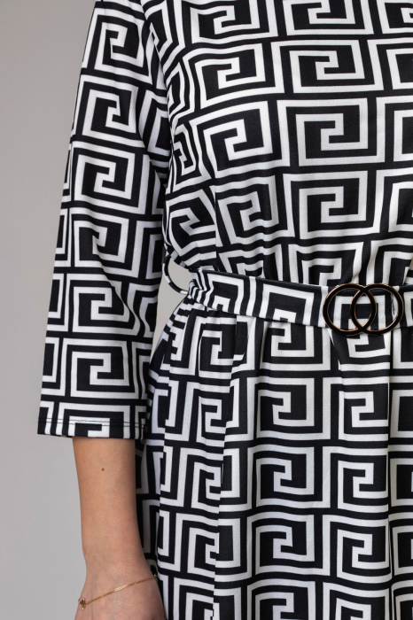 Rochie office alb-negru cu imprimeu geometric si cordon in talie [2]