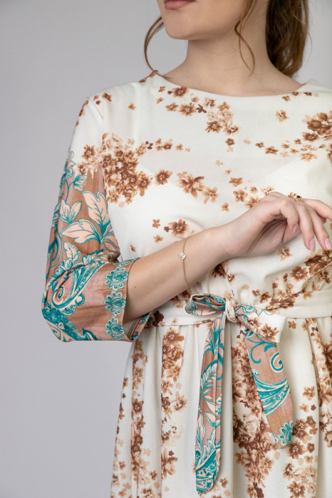 Rochie office alba cu imprimeuri florale maro si turcoaz si cordon in talie [2]