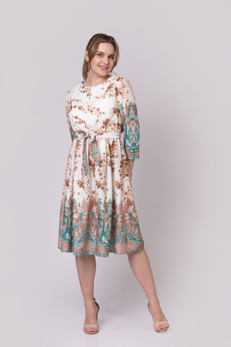 Rochie office alba cu imprimeuri florale maro si turcoaz si cordon in talie [3]