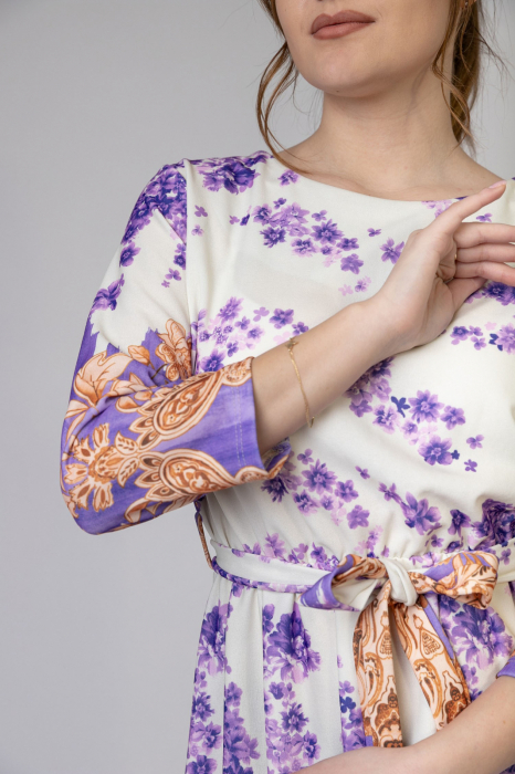 Rochie office alba cu imprimeuri florale mov si crem si cordon in talie [2]