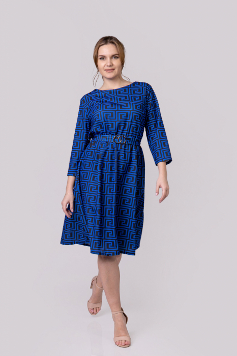 Rochie office albastra cu imprimeu geometric negru si cordon in talie [3]