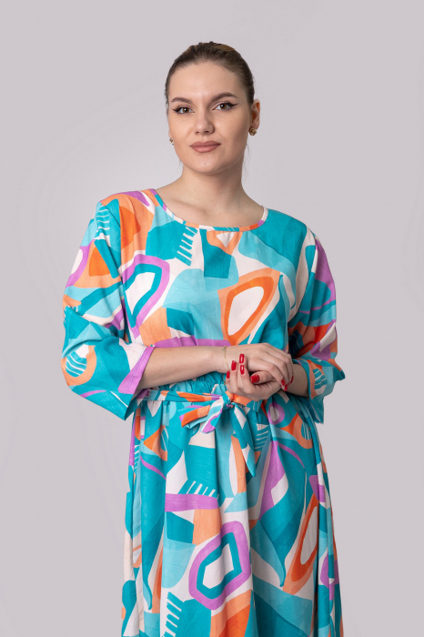 Rochie office albastra cu imprimeuri geometrice orange si cordon in talie [4]
