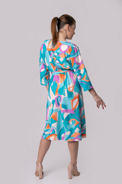 Rochie office albastra cu imprimeuri geometrice orange si cordon in talie [3]