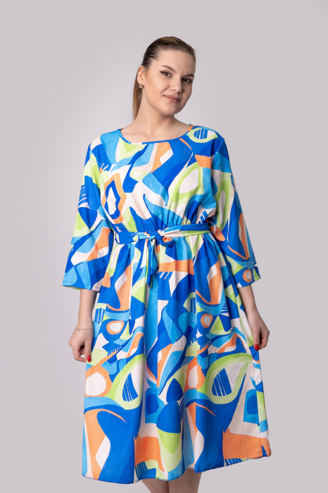 Rochie office albastra cu imprimeuri geometrice verzi si cordon in talie [4]