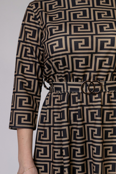 Rochie office bej cu imprimeu geometric negru si cordon in talie [2]