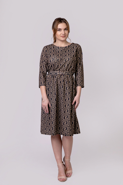 Rochie office bej cu imprimeu geometric negru si cordon in talie [3]