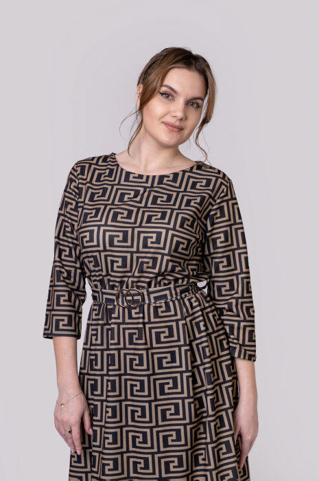 Rochie office bej cu imprimeu geometric negru si cordon in talie [4]