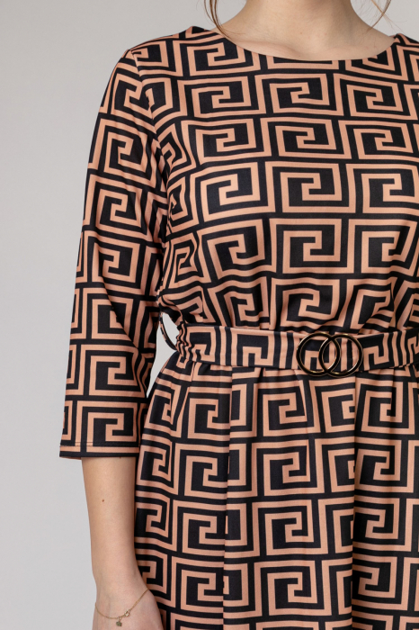 Rochie office crem cu imprimeu geometric negru si cordon in talie [2]
