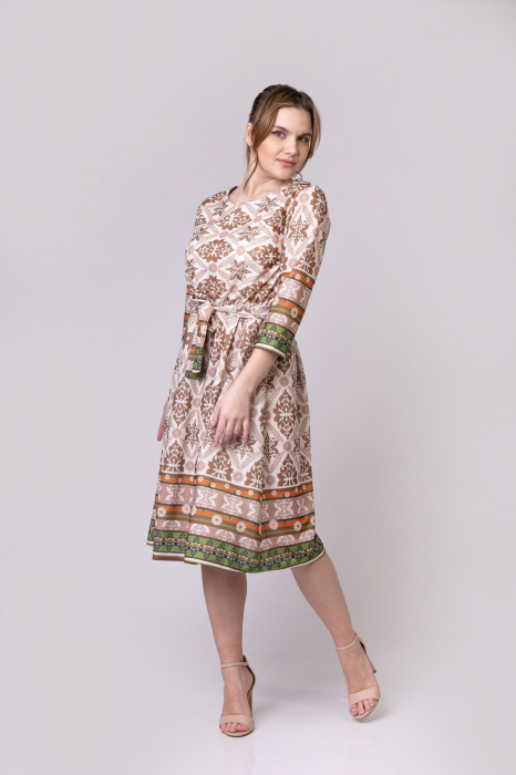 Rochie office crem cu imprimeuri mandala si cordon in talie [3]